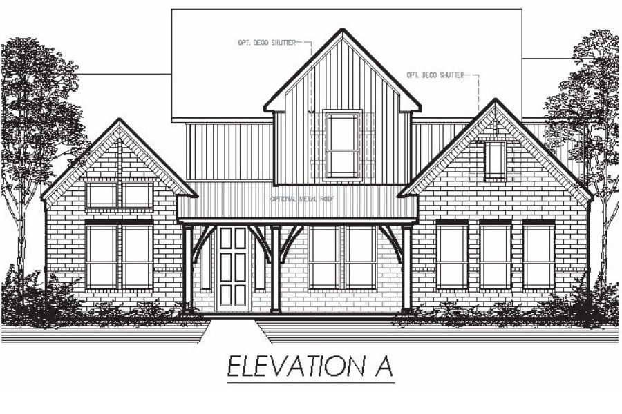 Architectural front elevation drawing of a two-story residential house, labeled "elevation a".
