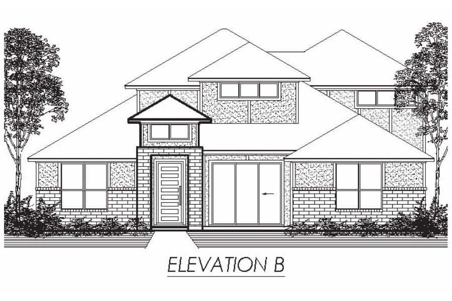 Architectural drawing of a house front elevation labeled "elevation b".