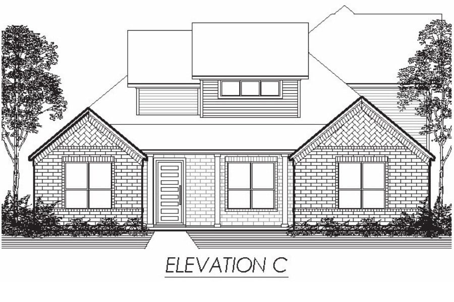 Architectural drawing of the front elevation for a residential house design labeled "elevation c.