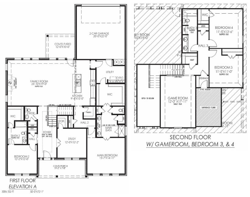 Architectural floor plan for a two-story home with designated room layouts and measurements.