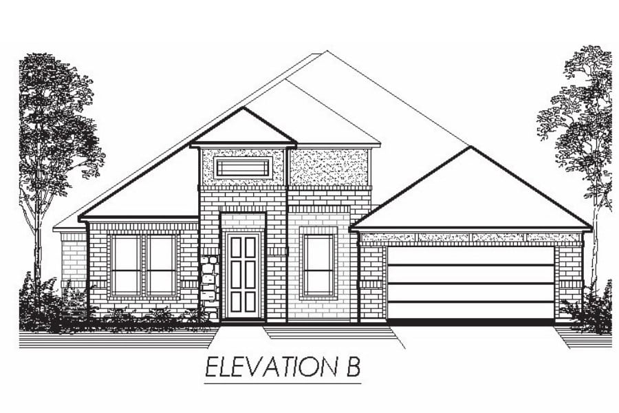 Architectural rendering of a single-story residential home with a garage, labeled 'elevation b'.