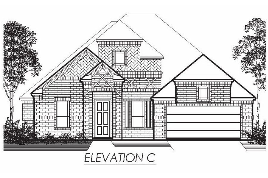 Architectural drawing of a residential house elevation design, labeled "elevation c.