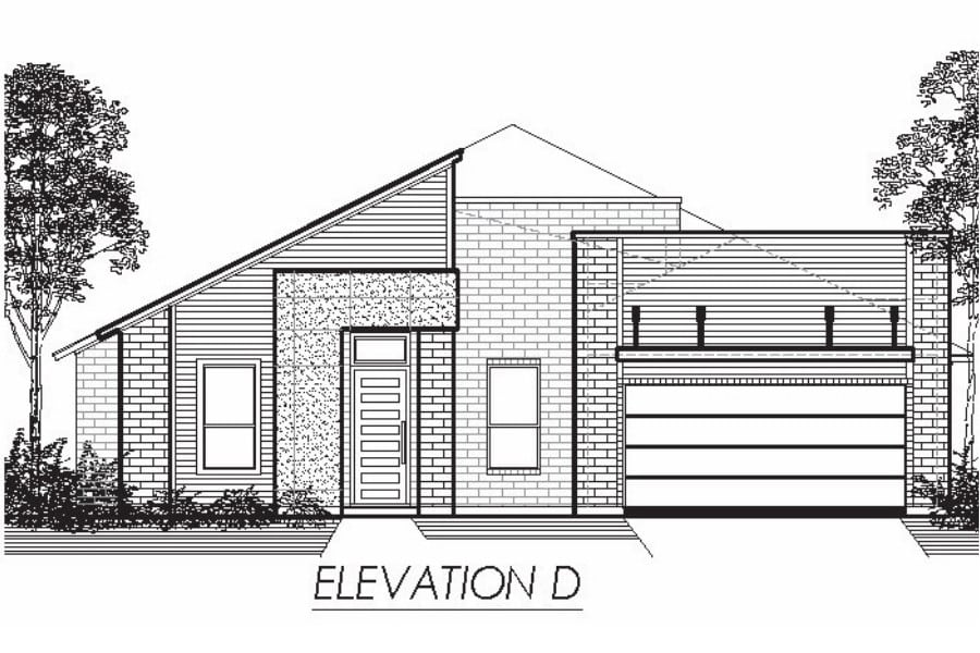 Architectural drawing of a single-story residential home's side elevation labeled "elevation d.