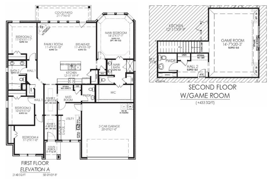 Architectural floor plans of a two-story house with labeled rooms and dimensions.