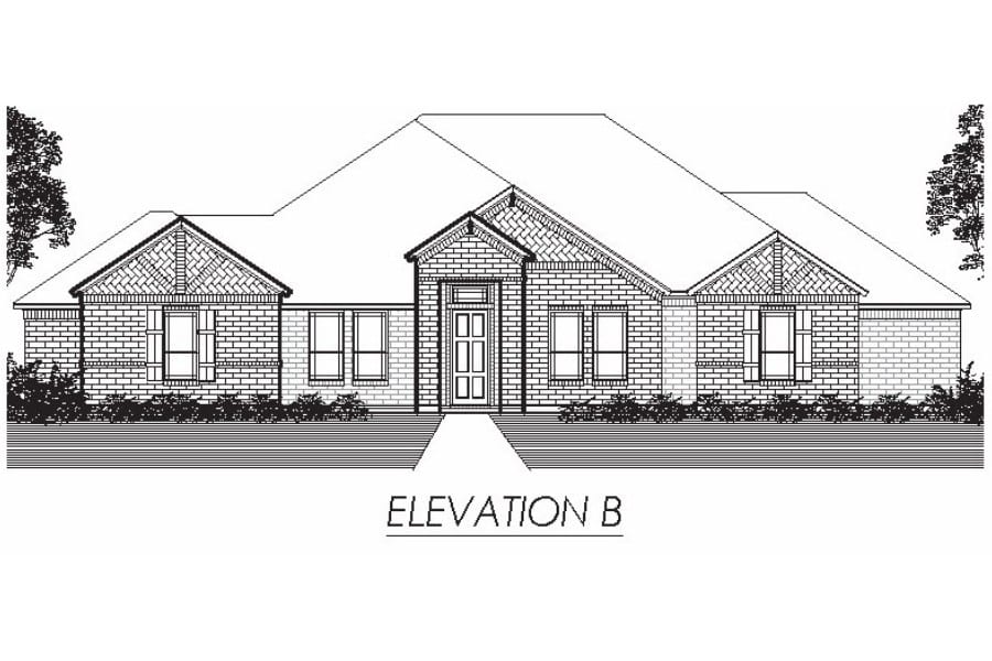 Architectural drawing of a single-story residential house front elevation, labeled "elevation b".