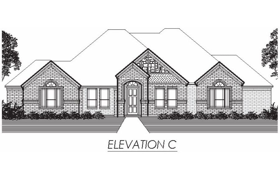 Architectural drawing of a single-story residential house facade, labeled "elevation c".