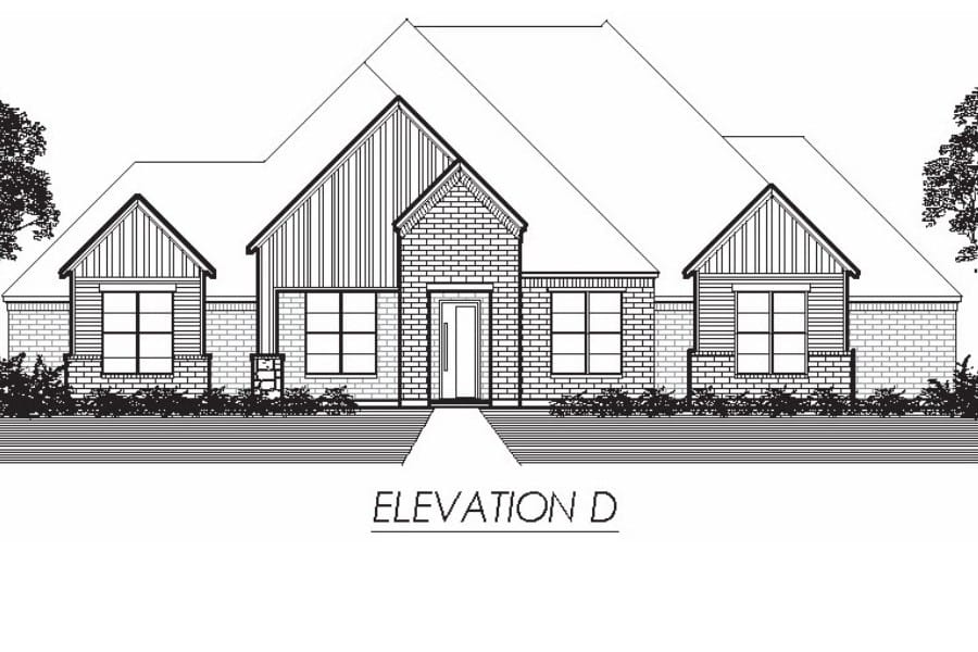 Architectural drawing of a single-story residential house front elevation labeled "elevation d.