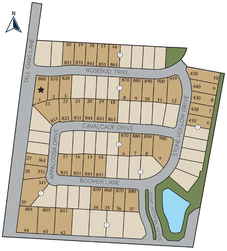 Illustrated residential neighborhood map showing street layout, plot numbers, and landmarks such as a pond.