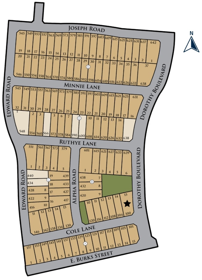 Illustration of a residential plot map with street names and lot numbers, featuring two highlighted plots.