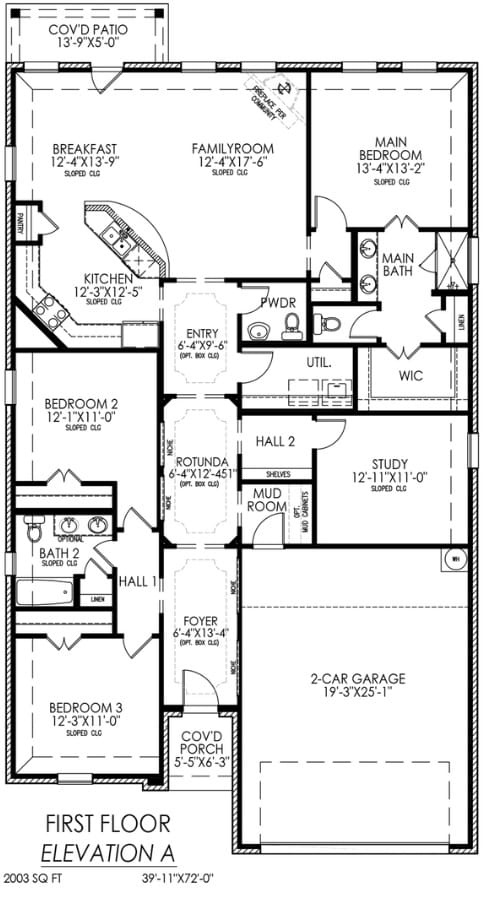 First floor blueprint of a residential house with three bedrooms, a study, kitchen, family room, and a two-car garage.