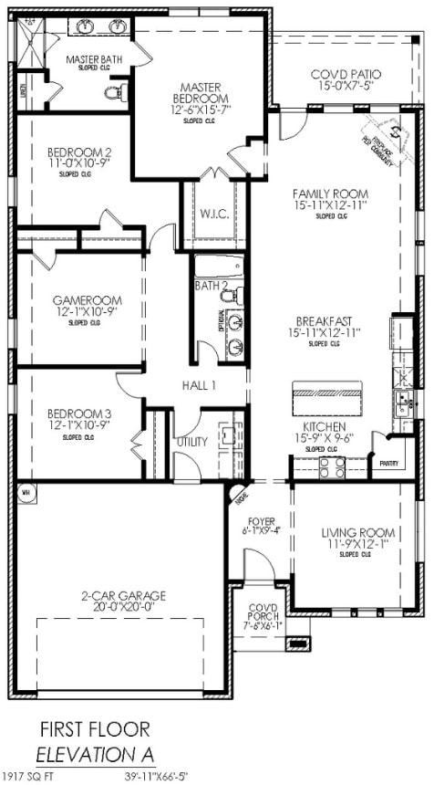 Architectural floor plan for a two-story residential home, illustrating room layout and dimensions on the first floor.