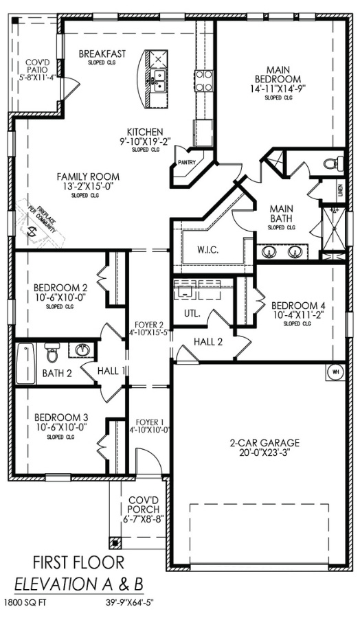 Architectural floor plan of a two-story house showing layout for the first level with various rooms and dimensions.