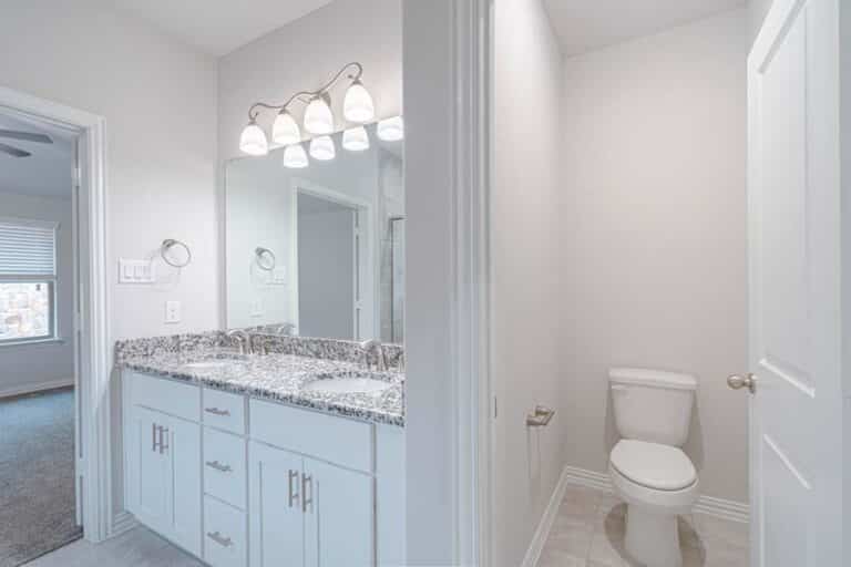 Modern bathroom interior with double vanity and separate toilet area.
