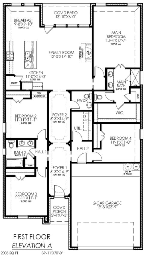 Architectural floor plan of a two-story house with four bedrooms, three bathrooms, kitchen, family room, and a two-car garage.