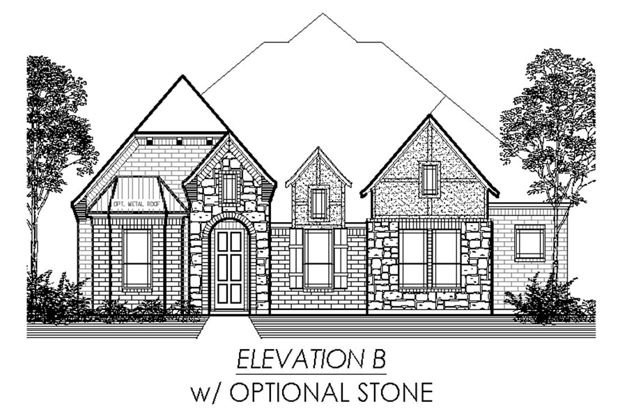 Architectural line drawing of a single-story residential house with an optional stone facade, labeled "elevation b.