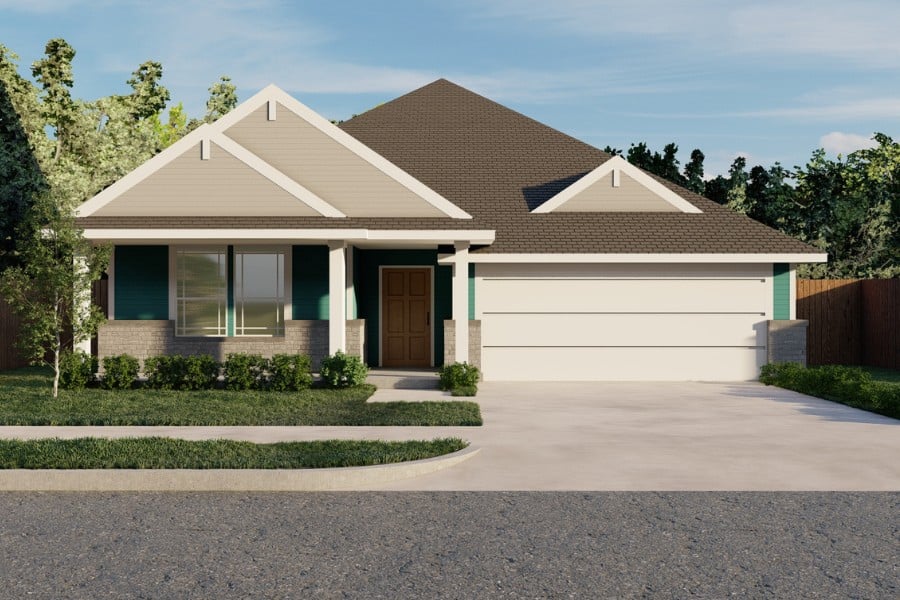 New suburban home with an attached garage and landscaped front yard.