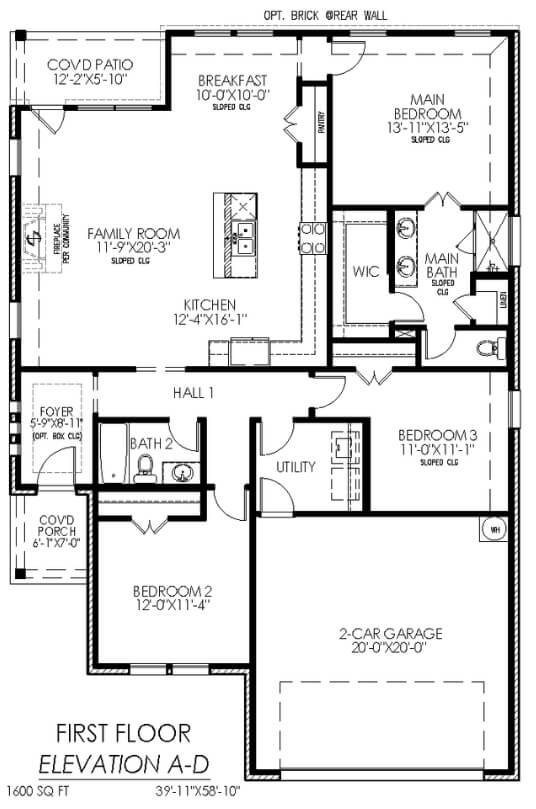Architectural floor plan of a two-story residential house with labels for rooms, dimensions, and layout details.