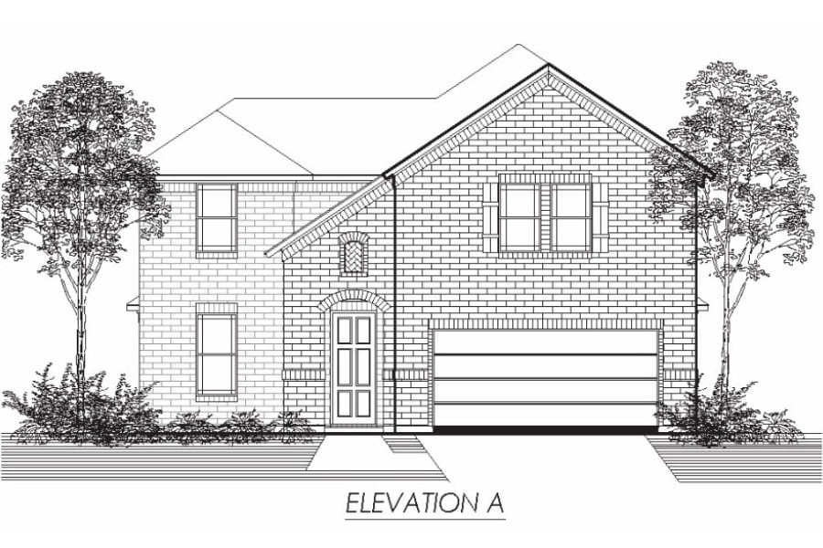 Architectural drawing of a two-story residential home front elevation.