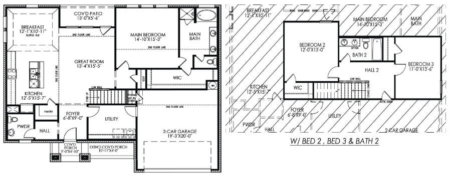 Technical floor plans of two different residential layouts, highlighting living spaces, bedrooms, bathrooms, and kitchen areas.