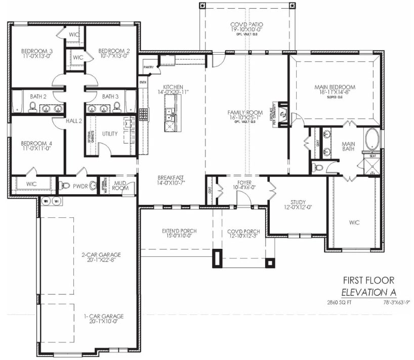 Architectural floor plan of a two-story residence with labeled rooms and dimensions.