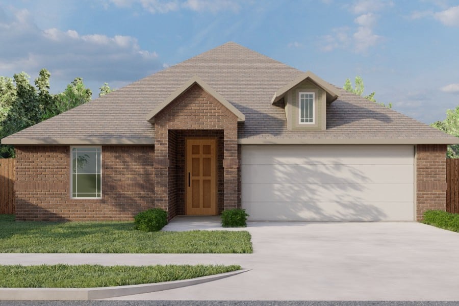 New single-story suburban house with brick exterior and attached garage.