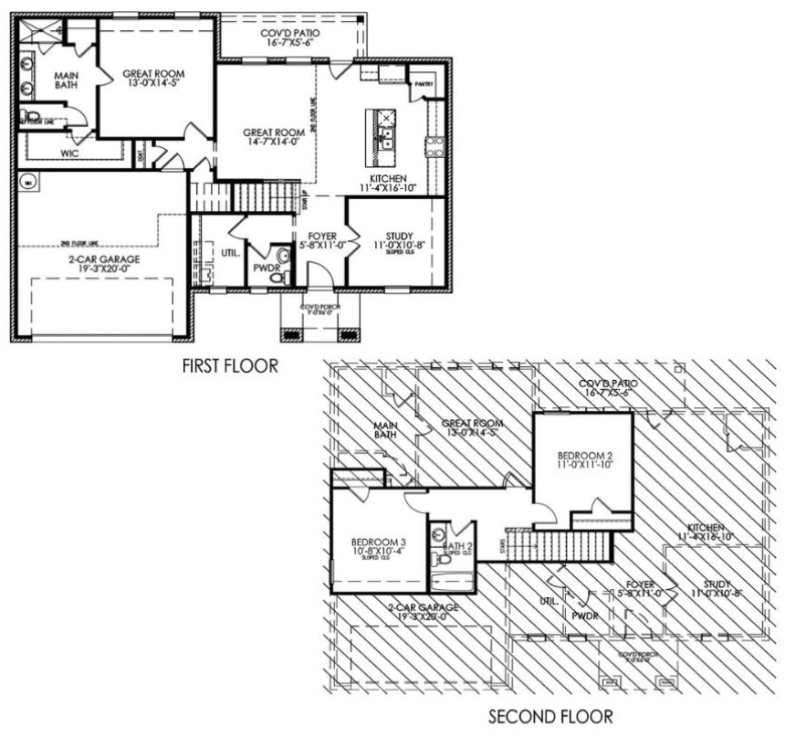 Two-dimensional architectural floor plans of a two-story house, showing room layouts and dimensions for both levels.