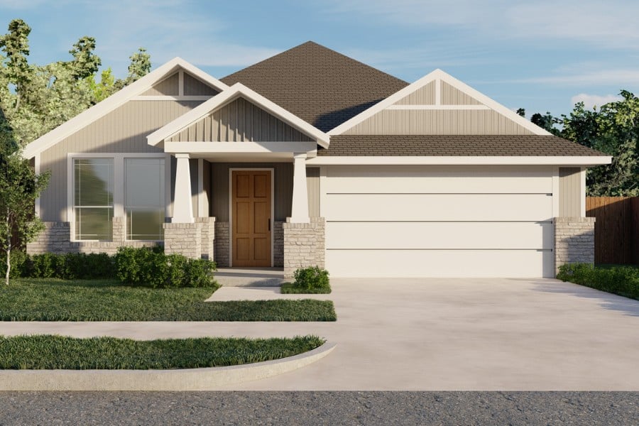 Single-story suburban house with attached garage and manicured lawn.