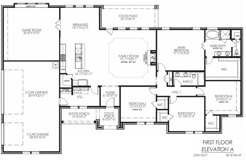 Floor plan of a two-story house with four bedrooms, a game room, and dual garages.