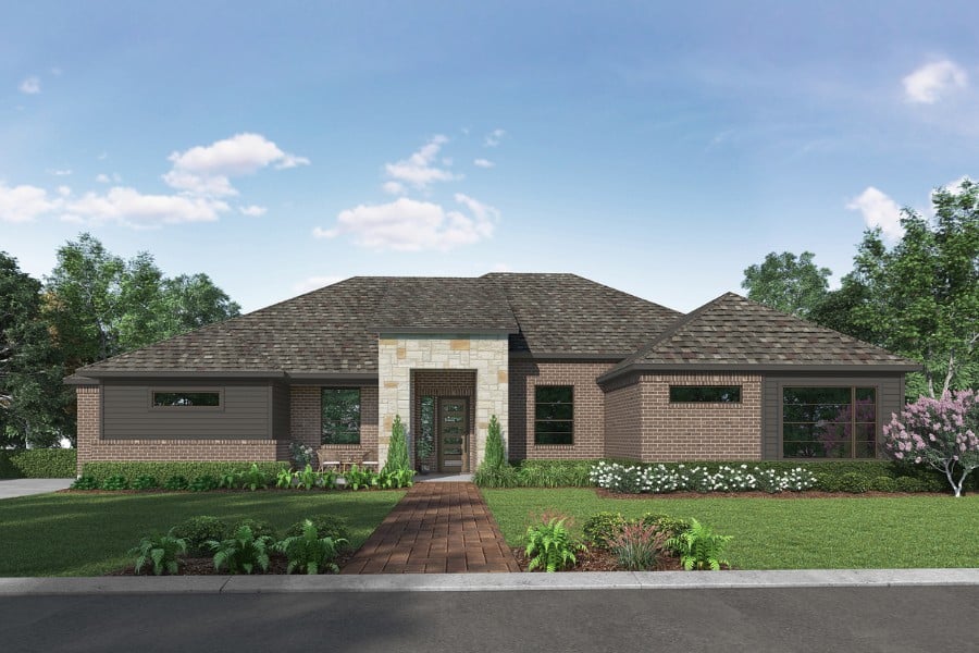 New suburban single-story home with a brick facade and landscaped garden.