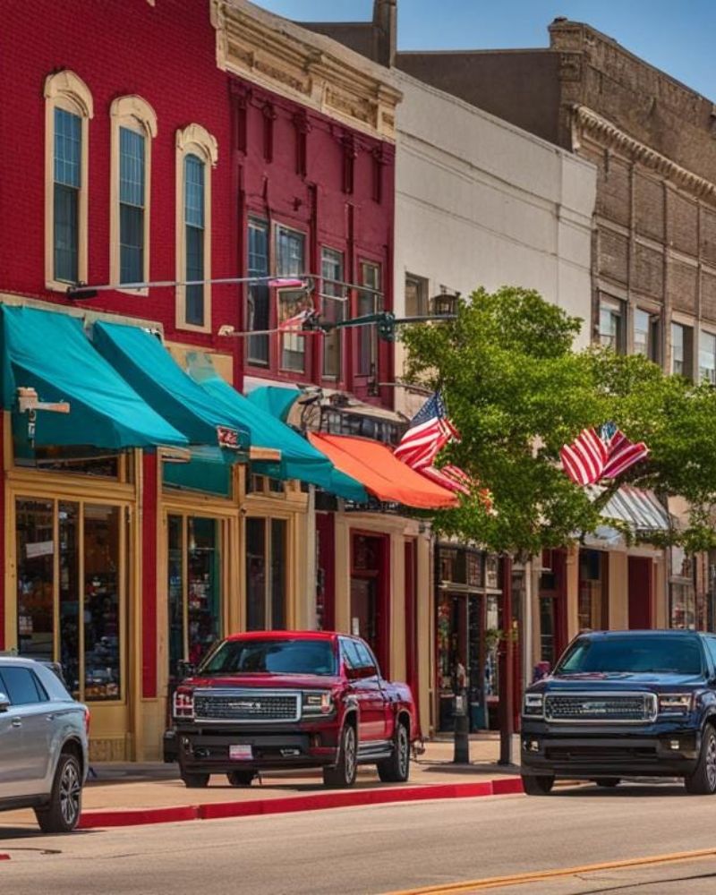Colorful awnings and american flags adorn a charming street lined with historic buildings.