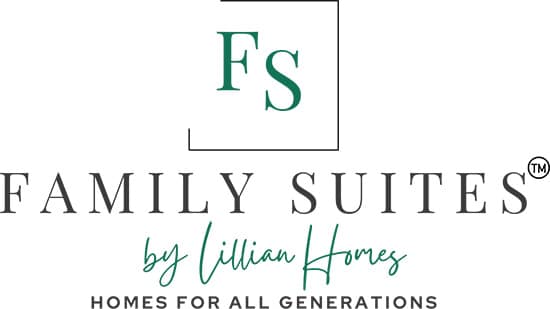 Logo of family suites by lillian homes with the slogan "homes for all generations.