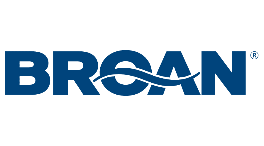 Logo of broan featuring stylized blue lettering with a swoosh.
