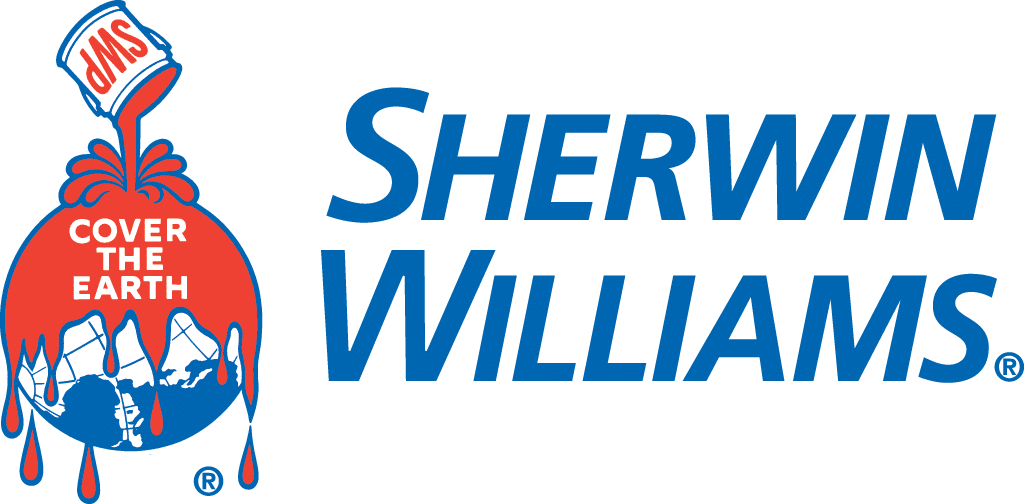 Sherwin-williams logo with a paint can pouring paint over a globe.